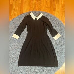 Tahari Black Merino Wool Dress With Contrasting Collar and Cuffs Size S